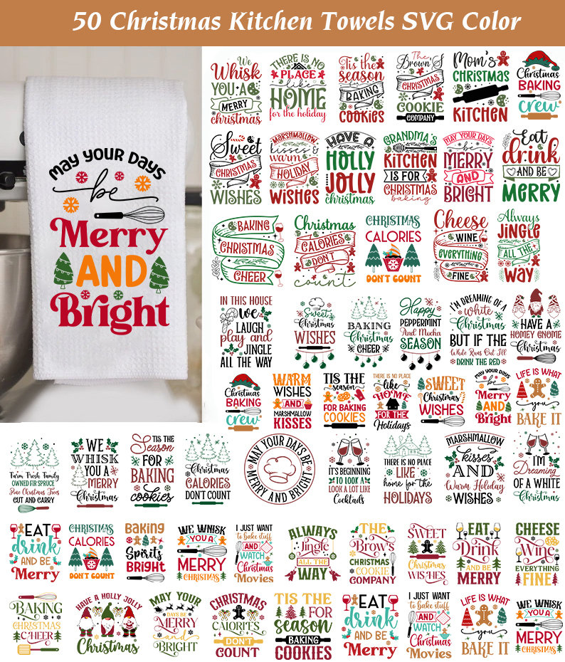 fillURbasket Fun Christmas Kitchen Towels Set Cotton Cute Xmas Dish Towels  6 Pack with Funny Sayings Holiday Flour Sack Kitchen Towels for Dish Drying