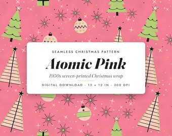 Christmas Seamless Pattern Retro Pink, Mid Century Atomic Christmas Digital Paper, Printable Wrapping Paper, Commercial Use