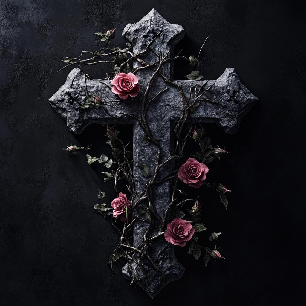 Dark Gothic Cross Wall Art | AI Digital Print | Skull Rose Decor Poster