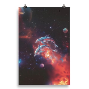 Poster astratto unico con delfini nello spazio, arte murale