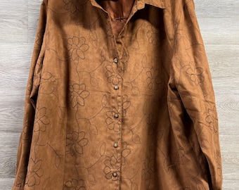VTG Sag Harbor Woman's 3X Brown Stitched Sueded Collar Shirt EUC