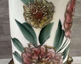Vintage Hand-Painted Porcelain & Brass Table Lamp Floral Design, Gold Trim, EUC