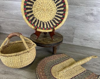 VTG Lot of Ghana Bolga Basket, Fan, and Plate Colorful - Hand Woven Africa