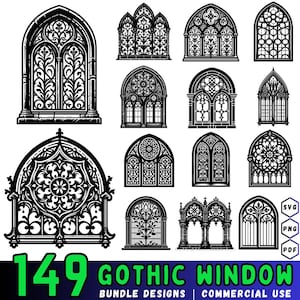 May include: A selection of 149 Gothic window bundle designs in black and white. The designs showcase diverse arched and ornate window styles, with detailed patterns. The image includes the text "Gothic Window Bundle Designs | Commercial Use".