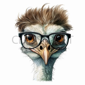 Ostrich PNG Sublimation file - brown haired  geek ostrich with glasses on - instant digital download