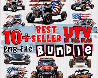 May include: A digital download bundle of 10+ best-selling UTV designs featuring American flag graphics. The designs are perfect for creating custom apparel, home decor, and more.  The text "10+ Seller UTV in USA Flag Png file Bundle" is displayed on the image.