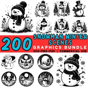 May include: A collection of black and white snowman graphics. The image includes various snowman designs with hats, scarves, and winter scenes. Text on a red background reads "200 SNOWMAN WINTER SCENES GRAPHICS BUNDLE SVG+PNG+PDF | COMMERCIAL USE."