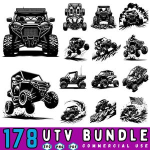 Puede incluir: Ilustraciones en blanco y negro de varios UTV en acción, incluyendo vistas frontales, perfiles laterales y escenas todoterreno. El texto "178 UTV BUNDLE" se muestra en la parte inferior, junto con iconos de tipo de archivo y "COMMERCIAL USE".