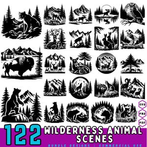 May include: A collection of 122 wilderness animal scenes in black and white. The designs feature various animals like bears, deer, wolves, and owls, set against mountain and forest backgrounds. Includes SVG, PNG, and PDF formats.