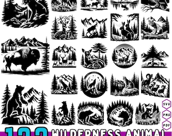 122 Wilderness Animal Scene SVG Bundle: Forest Silhouette Clipart, Deer Bear Wolf Designs (Commercial Use