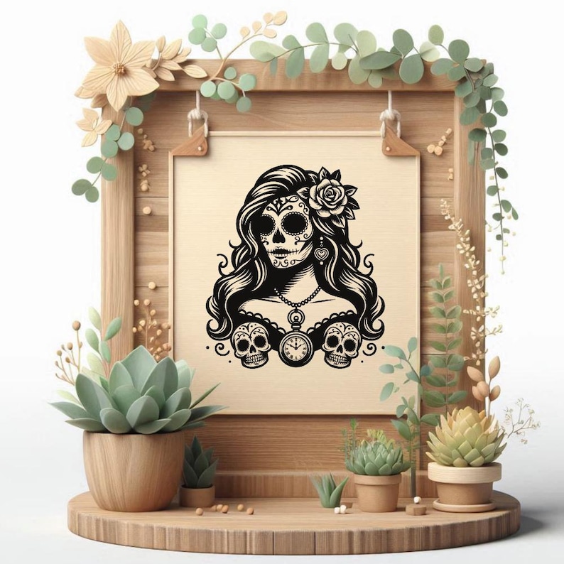 Puede incluir: Una impresi&oacute;n enmarcada con una ilustraci&oacute;n en blanco y negro de una mujer calavera de az&uacute;car con detalles florales y de calaveras. La obra de arte se exhibe sobre un soporte de madera con suculentas en macetas y vegetaci&oacute;n, creando un tema del D&iacute;a de Muertos.