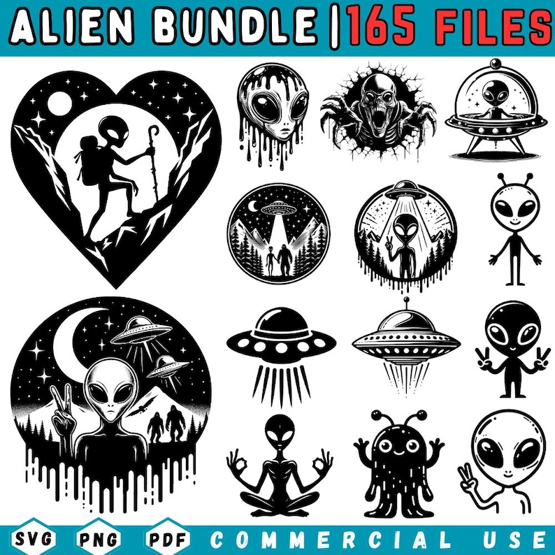 166 Alien SVG Bundle: UFO Clipart, Extraterrestrial Silhouette, Space ...