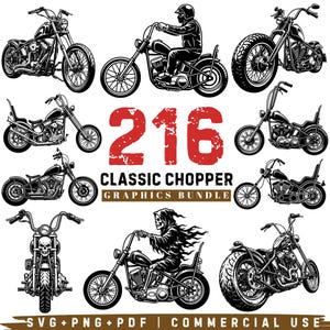 Puede incluir: Un paquete de gráficos digitales con 216 ilustraciones en blanco y negro de motocicletas chopper clásicas, incluyendo conductores y una figura de esqueleto. El texto 216 CLASSIC CHOPPER GRAPHICS BUNDLE aparece en el centro con SVG PNG PDF abajo.