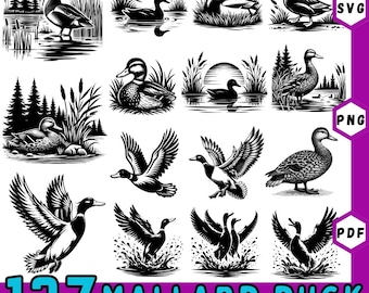 Paquete de 137 imágenes de patos silvestres SVG / Caza de patos SVG, DXF, PNG y EPS / Silueta de aves acuáticas para Cricut / Archivos de corte de aves silvestres / Descarga instantánea