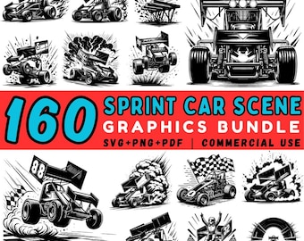 May include: A collection of 160 black and white sprint car graphics. The images include various race car designs, some with flames and checkered flags. Text on a red background reads "SPRINT CAR SCENE GRAPHICS BUNDLE".