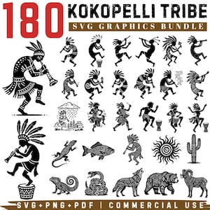 May include: A digital graphics bundle titled 180 KOKOPELLI TRIBE SVG GRAPHICS BUNDLE featuring black and white illustrations of Kokopelli figures playing flutes, dancing, and playing drums, alongside desert animals like lizards, snakes, bears, and a ram.