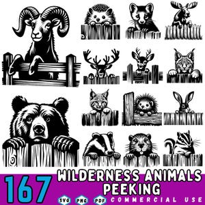 Op de afbeelding: Zwart-wit illustraties van verschillende wilde dieren die over een houten hek kijken. Inclusief een ram, egel, vos, eland, hert, lynx, beer, das, bever en eekhoorn. De tekst luidt "167 Wilderness Animals Peeking".