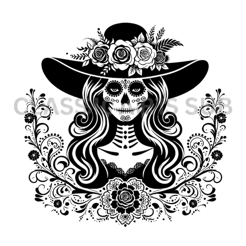 Puede incluir: Ilustraci&oacute;n en blanco y negro de una mujer con rostro de calavera de az&uacute;car, que lleva un sombrero de ala ancha adornado con rosas y follaje. El dise&ntilde;o presenta cabello largo y ondulado y un borde floral decorativo, ideal para el D&iacute;a de Muertos.