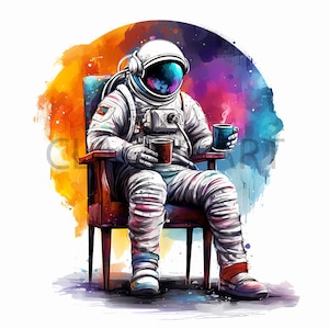 Plik sublimacyjny astronauty PNG - Artystyczny kolorowy astronauta w kosmosie pijący kawę - natychmiastowe pobieranie cyfrowe