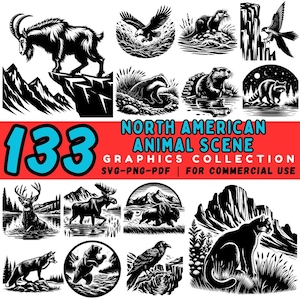 133 North American Animal Scene SVG | Wildlife Forest DXF Bundle | Moose Bear Deer Landscape | Cricut Woodland Silhouette | Commercial Use