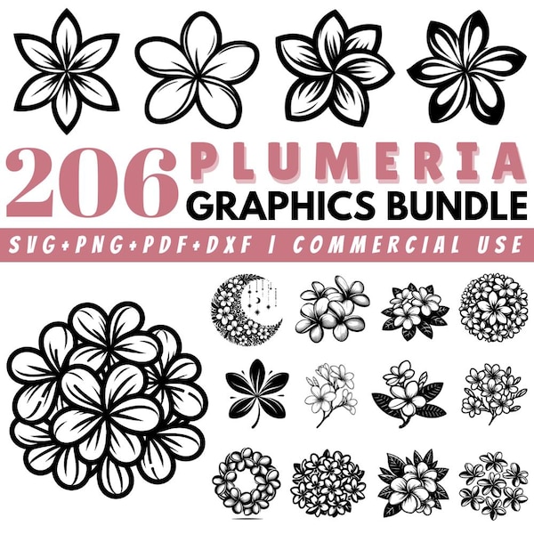 206 Plumeria Flower SVG Bundle: Tropical Floral Clipart, Frangipani Line Art (Commercial Use)