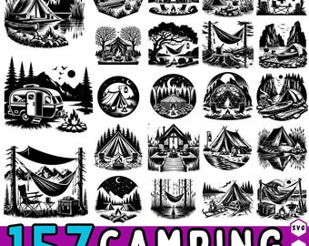 157 Camping Silhouette SVG Bundle: Tent, Campfire, Forest Clipart (Commercial Use)