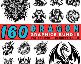 160 Dragon SVG Bundle: Fantasy Dragon Clipart, Mythical Creature, Cricut Cut File (Commercial Use)