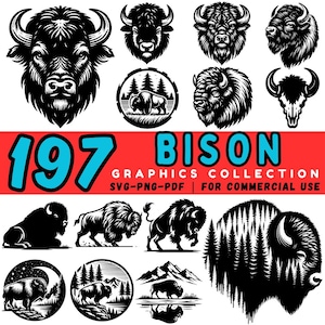 197 Bison Mega Bundle SVG | American Bison Cut Files for Cricut | Buffalo Head & Mountain Scene Clipart | Commercial Use DXF Files