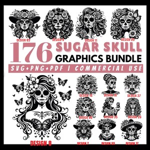Puede incluir: Un conjunto de 176 gr&aacute;ficos de Sugar Skull en formatos SVG, PNG y PDF. Los dise&ntilde;os presentan ilustraciones detalladas de calaveras de az&uacute;car con adornos florales y mariposas. Apto para uso comercial.