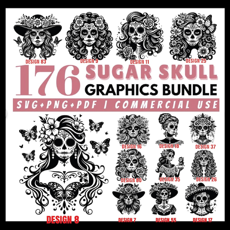 Puede incluir: Un conjunto de 176 gr&aacute;ficos de Sugar Skull en formatos SVG, PNG y PDF. Los dise&ntilde;os presentan ilustraciones detalladas de calaveras de az&uacute;car con adornos florales y mariposas. Apto para uso comercial.