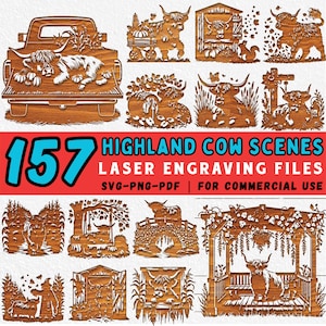 157 Laser Engraving Highland Cow DXF Files | Farm Cow Scene Laser Cut | Rustic Cow Silhouette Art | Country Cow DXF Bundle