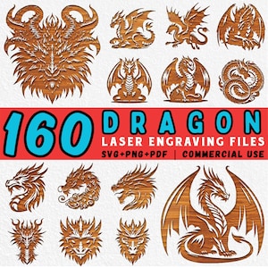 以下が含まれることがあります： SVG、PNG、PDF形式の160個のドラゴンレーザー彫刻ファイルコレクション。画像には、全身のドラゴン、ドラゴンの頭、翼のあるドラゴンなど、さまざまなドラゴンのデザインが木目調で表示されています。