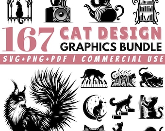 Cat Design SVG Bundle: 167 Feline Clipart, Cat Silhouettes (Commercial Use)