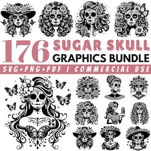 176 Sugar Skull SVG Bundle | Day of the Dead SVG Cut Files | Mexican Skull DXF Clipart for Cricut and Silhouette | Commercial Use