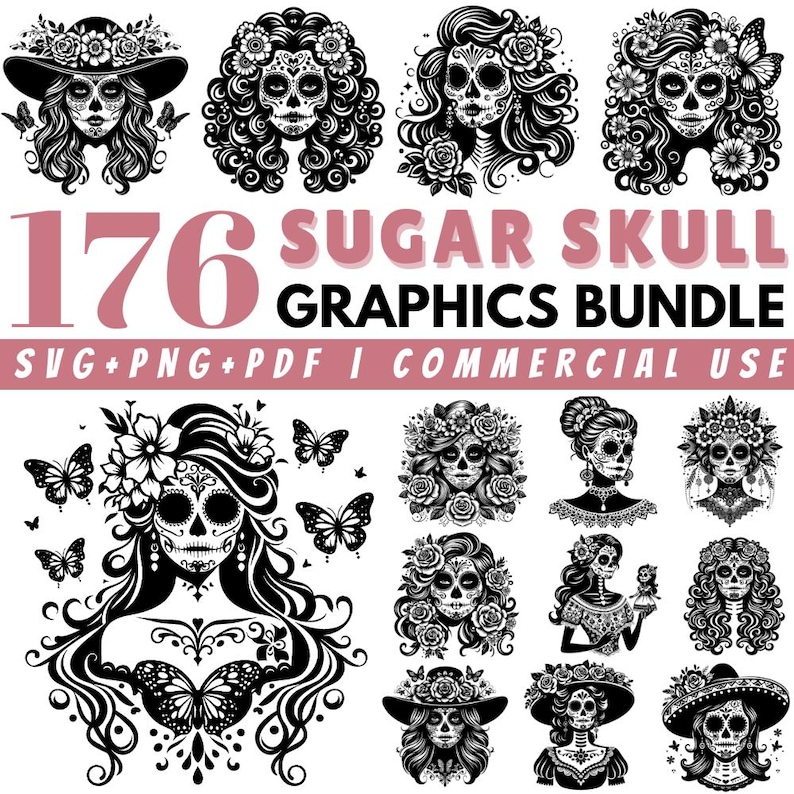 Puede incluir: Un conjunto de 176 gr&aacute;ficos de calaveras de az&uacute;car en formatos SVG, PNG y PDF. Las im&aacute;genes presentan ilustraciones detalladas en blanco y negro de calaveras de az&uacute;car con detalles florales y mariposas.