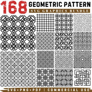 Könnte beinhalten: Eine digitale Sammlung von 168 geometrischen Mustern mit der Aufschrift 168 GEOMETRIC PATTERN SVG GRAPHICS BUNDLE. Das Bild zeigt ein Raster aus verschiedenen schwarz-weißen Wiederholungsmustern, darunter Quadrate, Kreise, Kreuze und Linien.