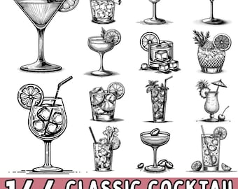 Paquete de 166 imágenes prediseñadas de cócteles clásicos: martini, margarita, old fashioned y vaso de whisky (uso comercial)