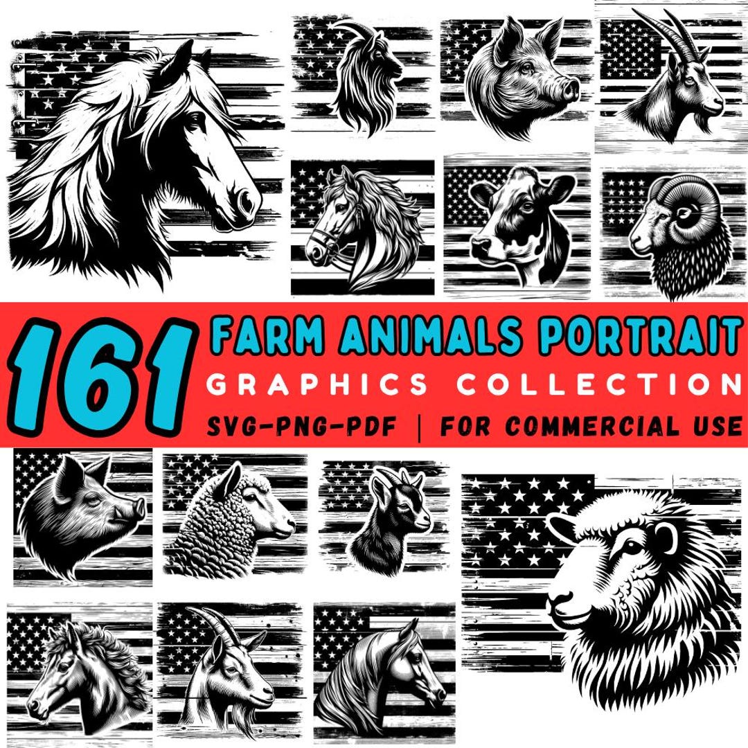 Farm Animal Portrait SVG Bundle: Cow, Pig, Goat Cut Files (commercial ...