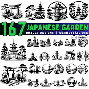 以下が含まれることがあります： 白黒の167種類の日本の庭園バンドルデザインのコレクション。デザインには、塔、橋、鳥居、木が含まれています。「JAPANESE GARDEN BUNDLE DESIGNS | COMMERCIAL USE」というテキストが緑と青で表示されています。