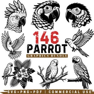 146 Papagei SVG Bundle: Tropischer Vogel Clipart, Ara Cut Dateien (kommerzielle Nutzung)