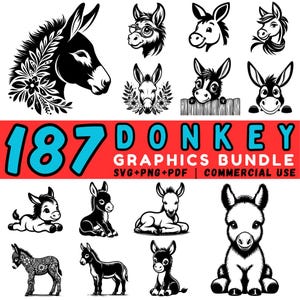 May include: A collection of 187 donkey graphics in black and white. The images include various donkey illustrations, including headshots, full body poses, and a donkey graphic with floral accents. Text on a red banner reads "187 DONKEY GRAPHICS BUNDLE".