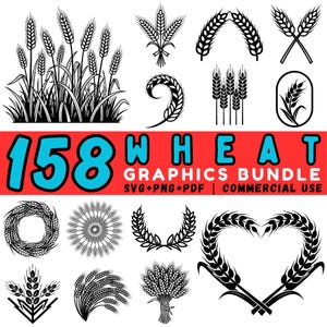 Puede incluir: Una colección digital de 158 gráficos de trigo en blanco y negro con varios tallos, gavillas, coronas y arreglos en forma de corazón. El texto 158 WHEAT GRAPHICS BUNDLE SVG+PNG+PDF COMMERCIAL USE aparece en azul y blanco sobre un fondo rojo.
