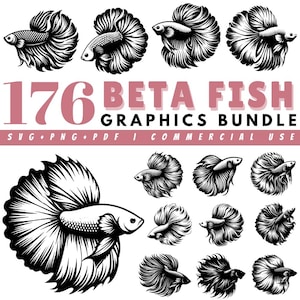 Op de afbeelding: Een verzameling zwart-wit betta visafbeeldingen. De afbeelding bevat meerdere illustraties van betta vissen met gedetailleerde vinontwerpen. Tekst luidt "176 Beta Fish Graphics Bundle" met bestandsinfo.