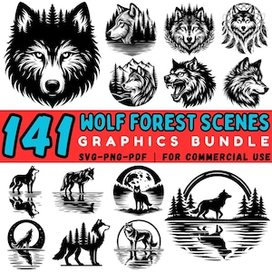 141 Wolf Forest Scene SVG Bundle | Woodland Animal Silhouette DXF | Wildlife Clipart for Cricut and Silhouette | Commercial Use Cut Files