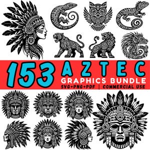 Könnte beinhalten: Eine Sammlung von 153 Azteken-Grafiken in Schwarzweiß, darunter detaillierte Illustrationen einer Eule, Eidechsen, eines Jaguars, eines Löwen und verschiedener Kopfbedeckungen. Der Text "153 AZTEC GRAPHICS BUNDLE" wird auf rotem Hintergrund angezeigt.