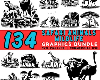 Safari Animals SVG Bundle: Wildlife Clipart, Lion, Elephant, Giraffe (Digital Download)