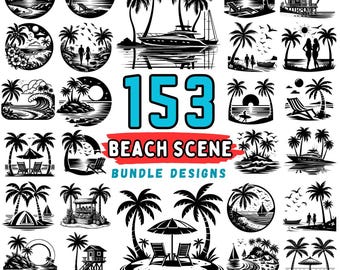 Beach Scene SVG, Coastal Sunset Cut File, Ocean Waves Palm Tree Design, Summer Vacation Cricut File, Beach Decor SVG, Digital Download