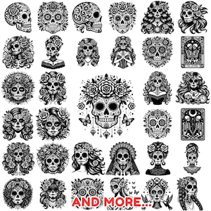 Puede incluir: Una colecci&oacute;n de dise&ntilde;os de calaveras de az&uacute;car del D&iacute;a de Muertos en blanco y negro. Las im&aacute;genes incluyen calaveras con coronas florales, patrones intrincados y acentos de mariposas. Algunos dise&ntilde;os presentan figuras femeninas.