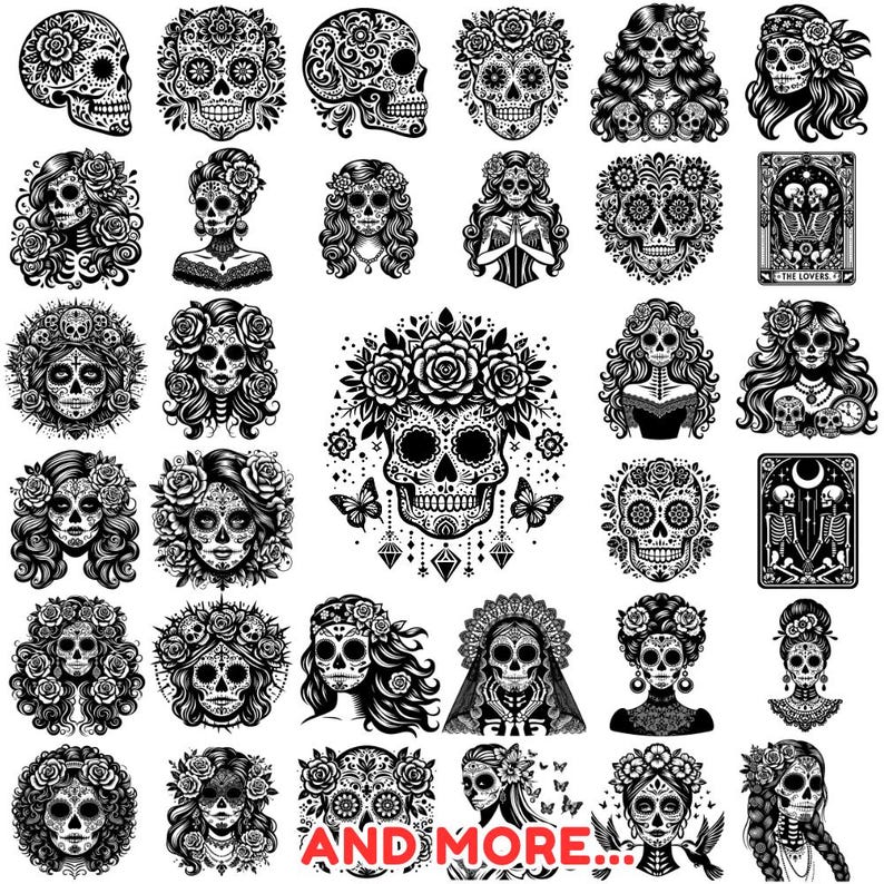 Puede incluir: Una colecci&oacute;n de dise&ntilde;os de calaveras de az&uacute;car del D&iacute;a de Muertos en blanco y negro. Las im&aacute;genes incluyen calaveras con coronas florales, patrones intrincados y acentos de mariposas. Algunos dise&ntilde;os presentan figuras femeninas.