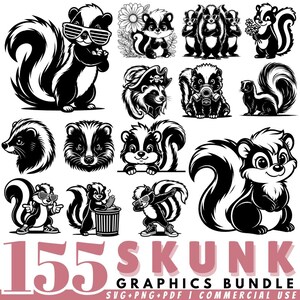 Peut inclure: Une collection de 15 graphiques de moufettes en noir et blanc. Les moufettes sont représentées dans diverses poses, notamment portant des lunettes de soleil, tenant des fleurs et faisant du dab. Le texte "155 SKUNK GRAPHICS BUNDLE" est affiché en rose.